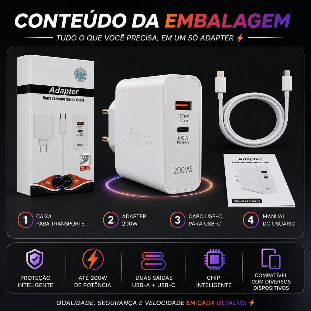 Carregador Turbo 200W USB-A + USB-C PD PPS Carga Rápida Duplo