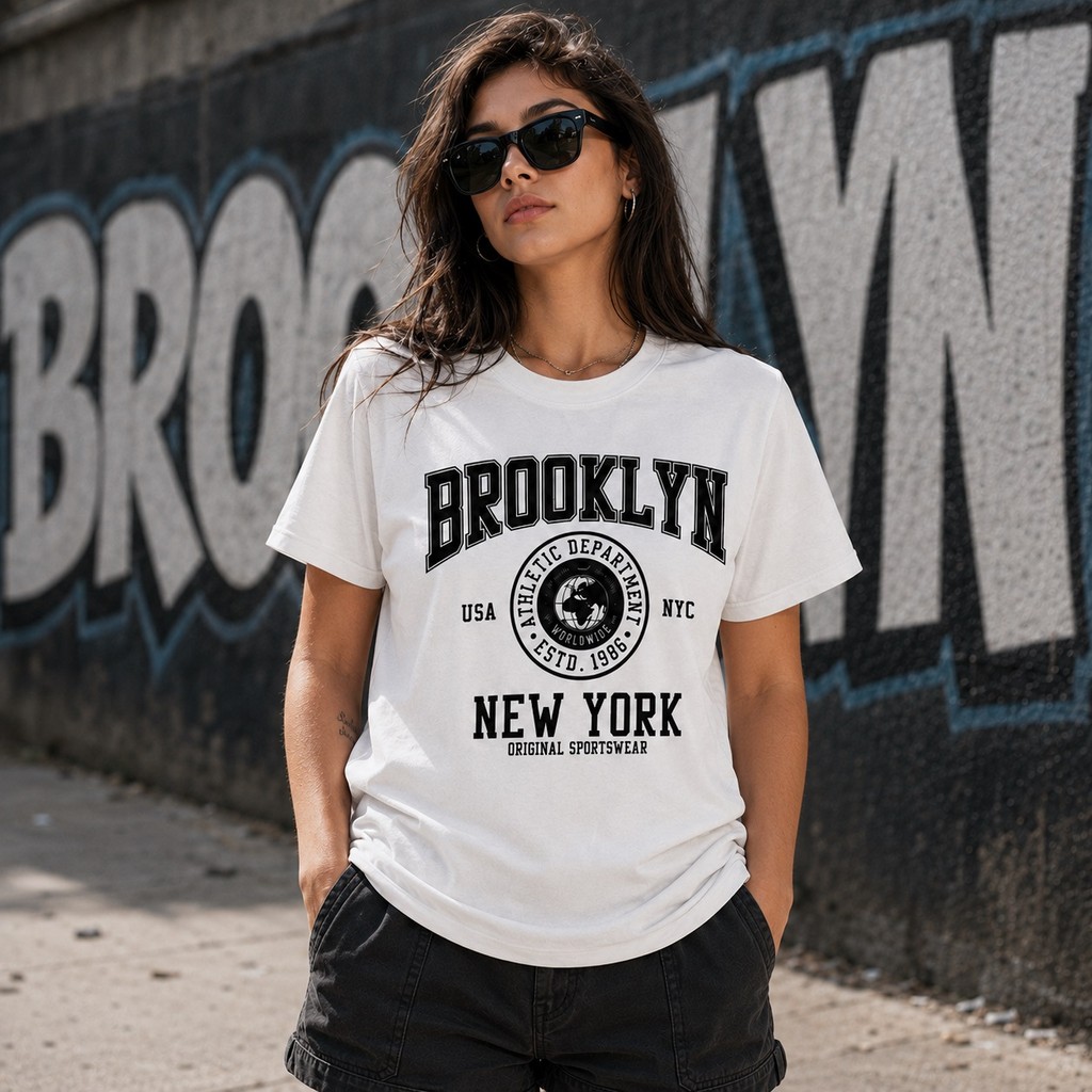 Camiseta Feminina Brooklyn NY Moda Streetwear Estampada Algodão Manga Curta Confortável