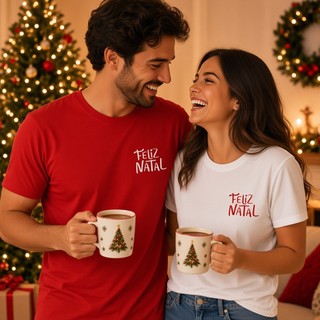 Kit 2 Camisetas Casal Feliz Natal Camisa Combinado Presente 100% Algodão Premium Confortável