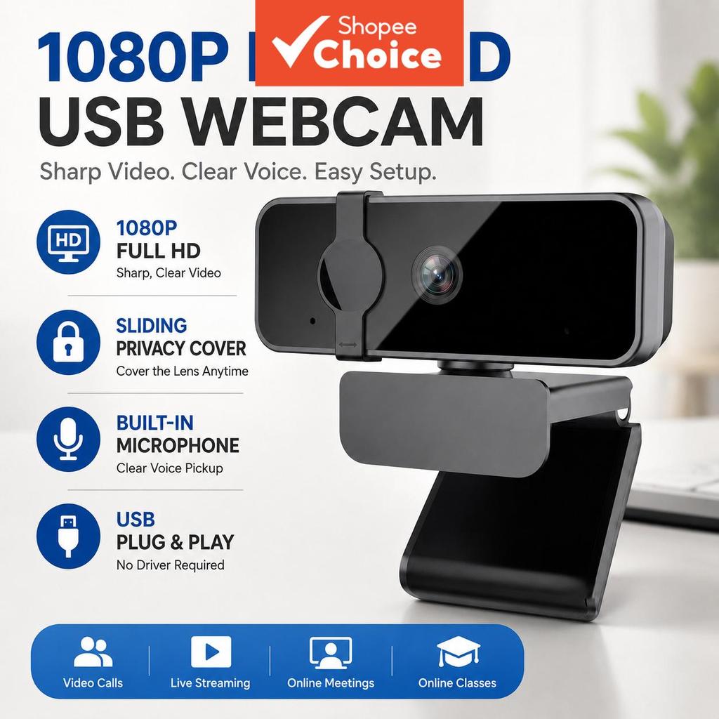 Câmera JCL 1080p para PC e notebook, webcam plug & play USB com microfone e tampa de privacidade para reuniões, aulas e