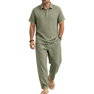 2026 verão camisa Polo masculina camiseta calças superiores terno de duas peças americano solto Casual confortável manga