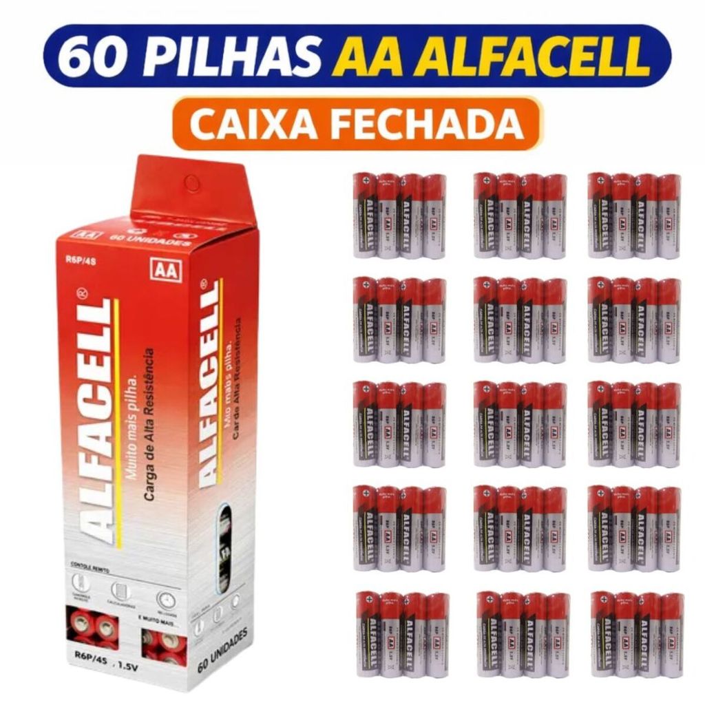 Pilha AA Alfacell 60 Unidades Caixa Fechada 1,5V Original Kit C/15 Cartelas