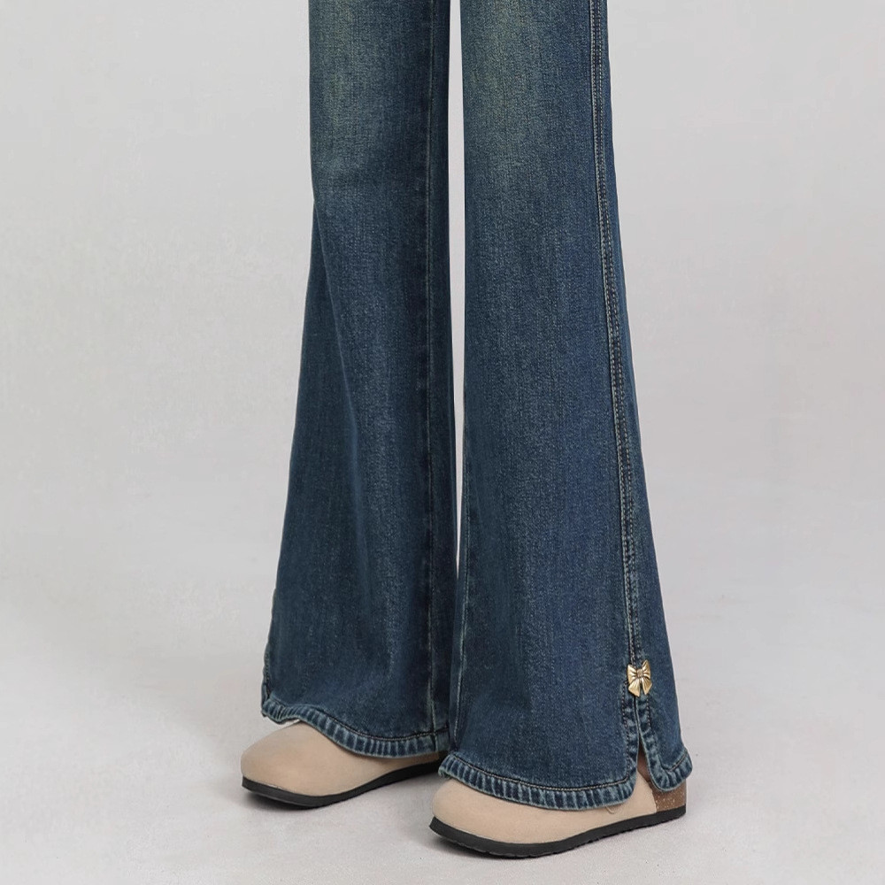Retro queimado Jeans feminino 2025 novo estilo pequeno cintura alta mais magro olhar All-Match piso fenda ferradura calç