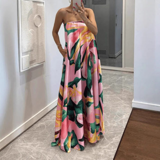 Feminino europeu americano impresso peito envoltório grande balanço temperamento elegante estilo férias vestido longo