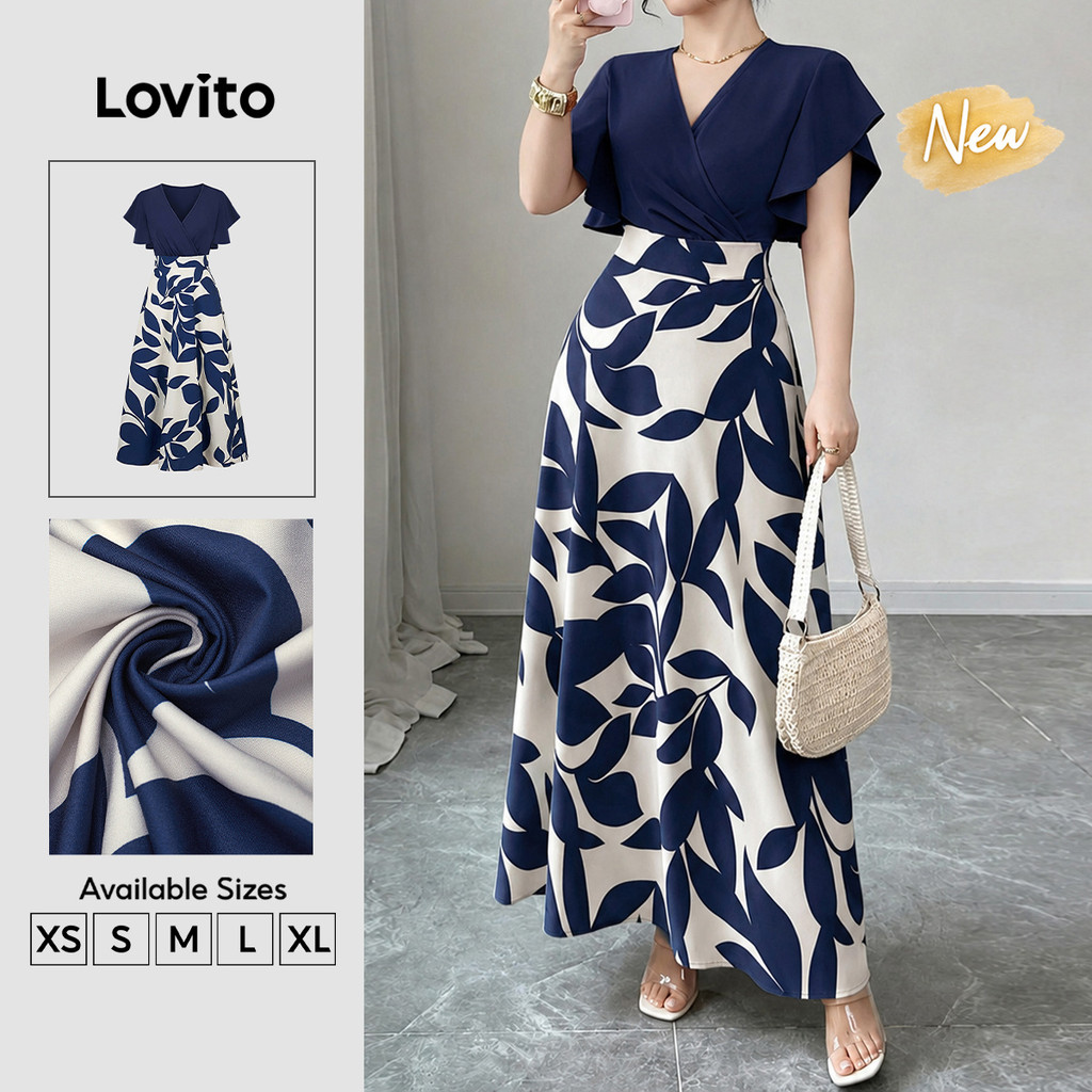 (New Arrival) Lovito Vestido Feminino Floral Color Block Azulescuro Drapeado Longo evasê Trabalho primavera/verão DRB204P1D313