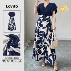 (New Arrival) Lovito Vestido Feminino Floral Color Block Azulescuro Drapeado Longo evasê Trabalho primavera/verão DRB204P1D313