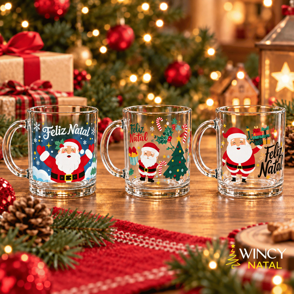 Jogo 3 Canecas de Vidro Natalinas 320ml Papai Noel - Wincy Natal / Xícaras Café Chá Leite Presente Natal