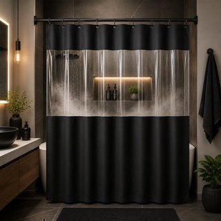 Cortina de Box com Visor Transparente e Ganchos 1,38m x 1,98m - Preta 