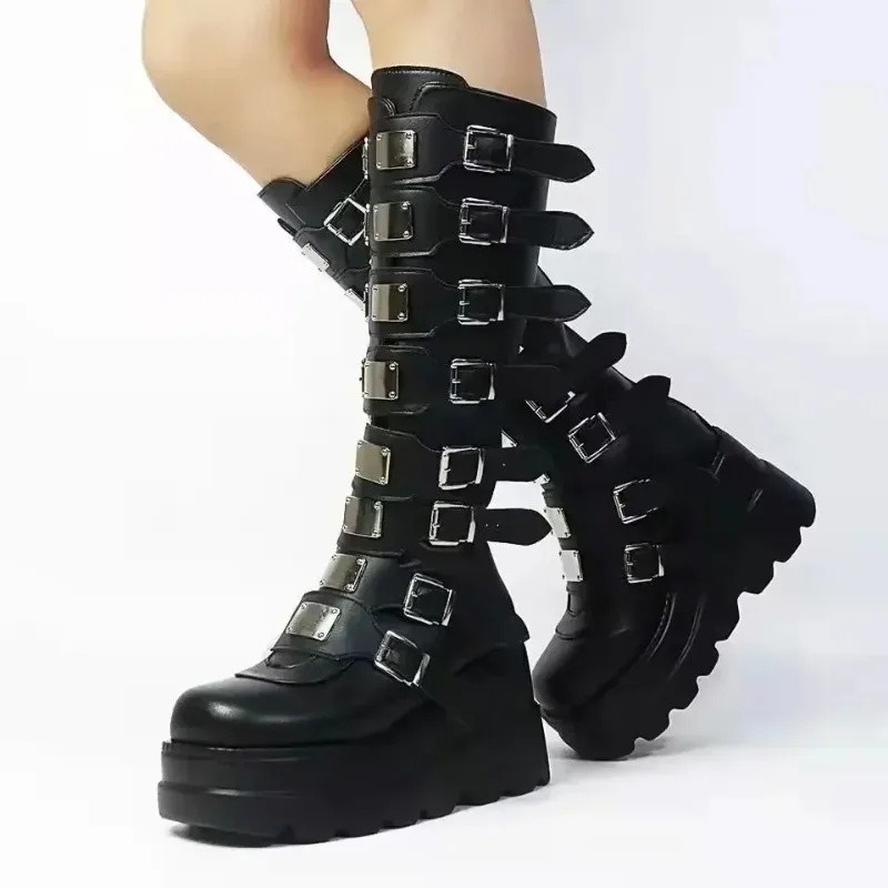 Botas longas para mulher, sapatos góticos, botas de cano alto com plataforma, botas punk pretas e sensuais, botas para m