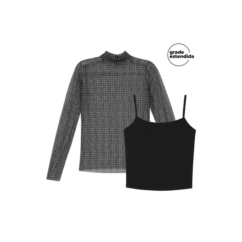 Blusa Manga Longa Feminina Tule Xadrez Marialícia Preto