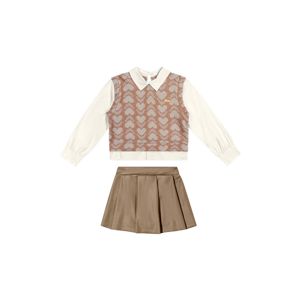 Conjunto Infantil Menina Colete Corações Colorittá Bege