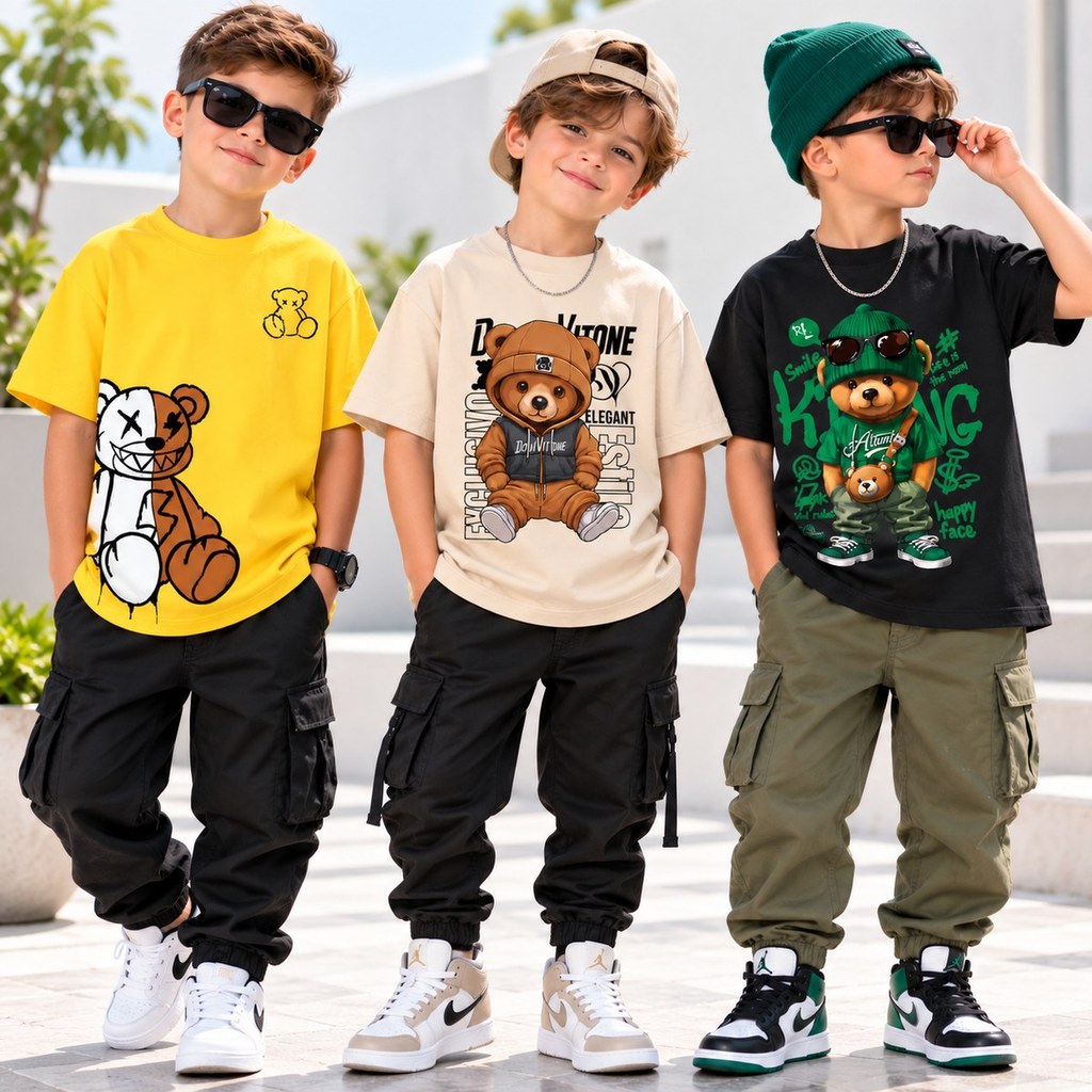 Kit 3 Blusas Infantil Menino Ursinho 100% Algodão Camisetas Estampadas Casual Confortável 2 ao 14