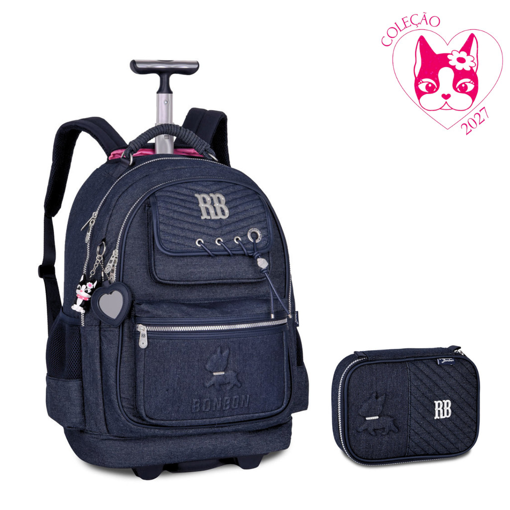 Kit Mochila de Rodinhas e Estojo Rebecca Bonbon Jeans