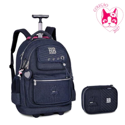 Kit Mochila de Rodinhas e Estojo Rebecca Bonbon Jeans