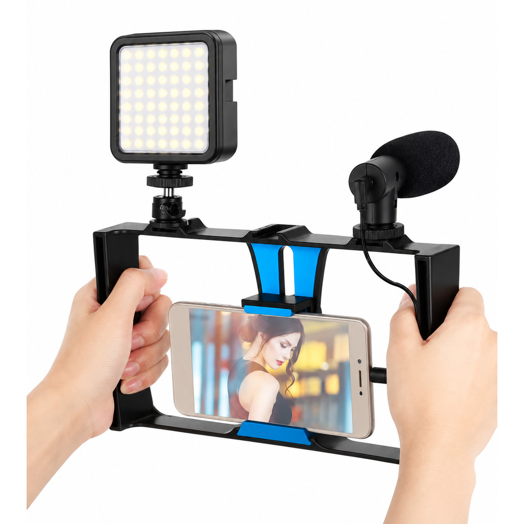 Suporte Estabilizador Para Celular Com Microfone Luz LED Kit Vlog Cage Para Criador De Conteúdo