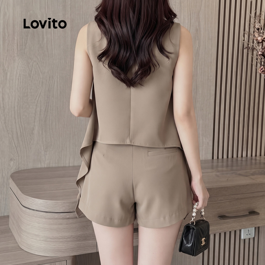 Lovito Casual Conjuntos de Shorts com Pregas para Primavera/verão Shorts Caqui para mulheres L154ED206 · foto 2