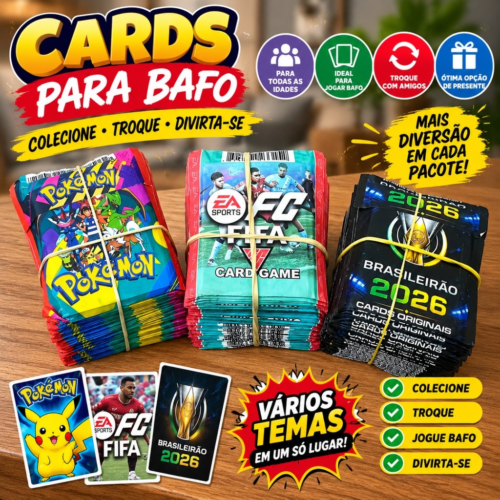 Kit 200 Cards 50 Envelopes Colecionáveis Futebol Pokémon Brasileirão 2026 FIFA EA Sports FC Card Game Cartas