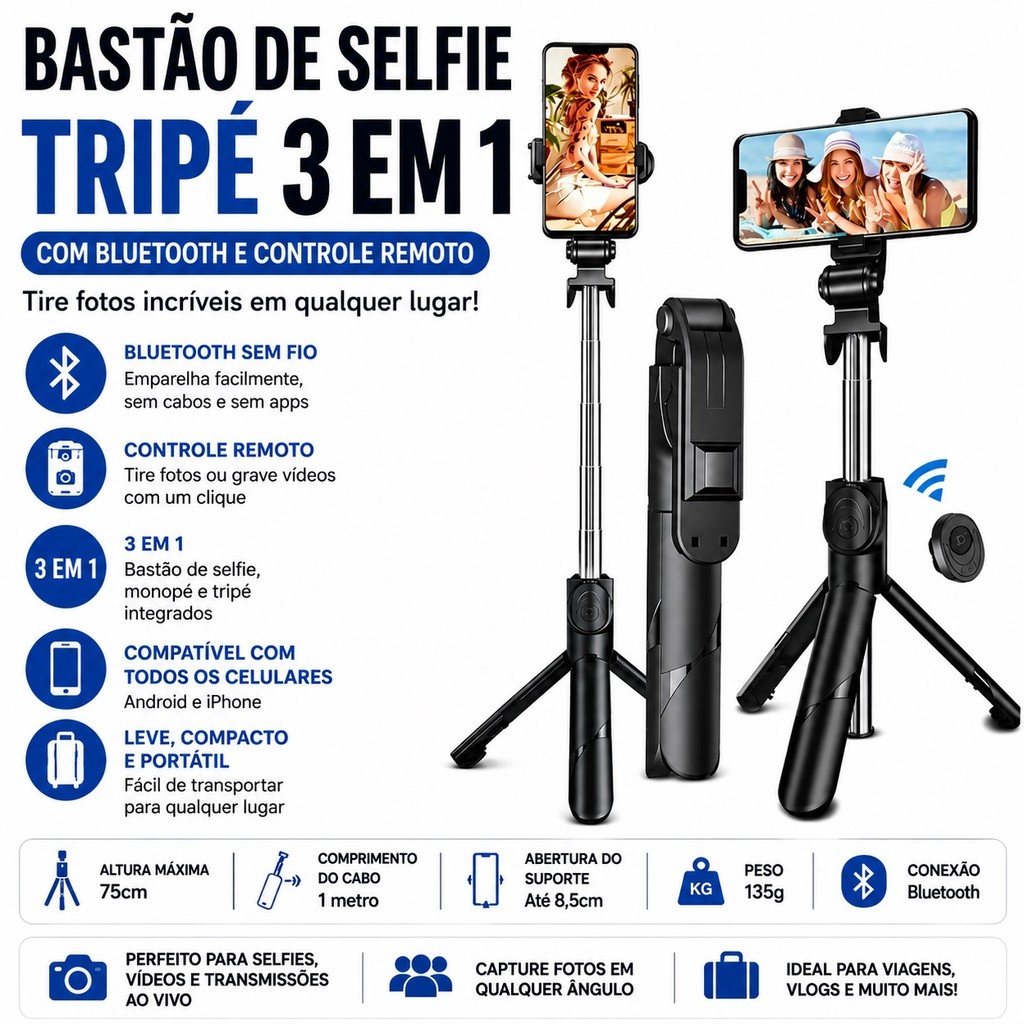 Tripé de bastão de selfie para celular de 0.71 m, controle remoto integrado, portátil voltikk