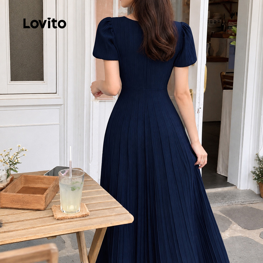 Lovito Elegante Dress Jacquard Estruturado Linha Primavera/verão Azul-marinho Vestido para Mulheres L149LD099 · foto 2