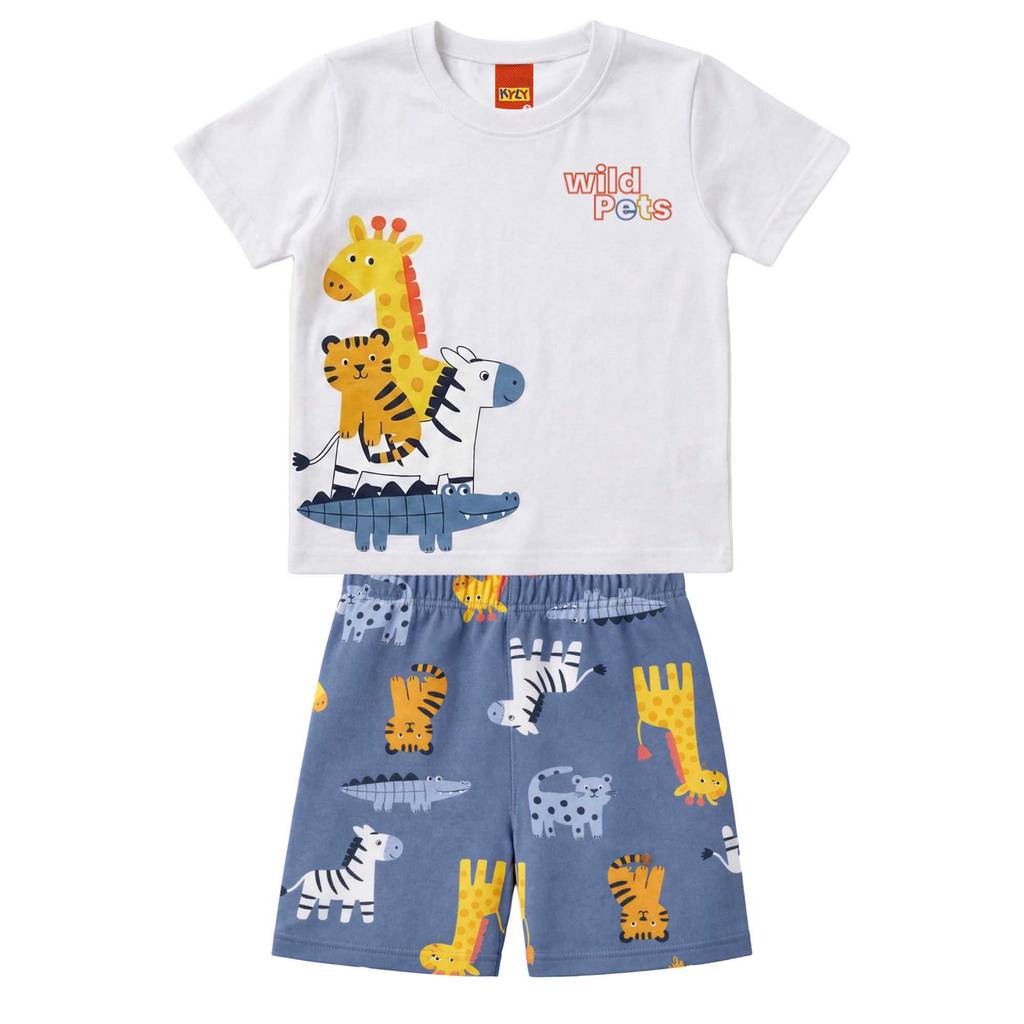 Conjunto Infantil Menino Kyly Menino Camiseta Wild Pets e Bermuda Estampada Verão Casual Festa Moda Kids Malha Algodão
