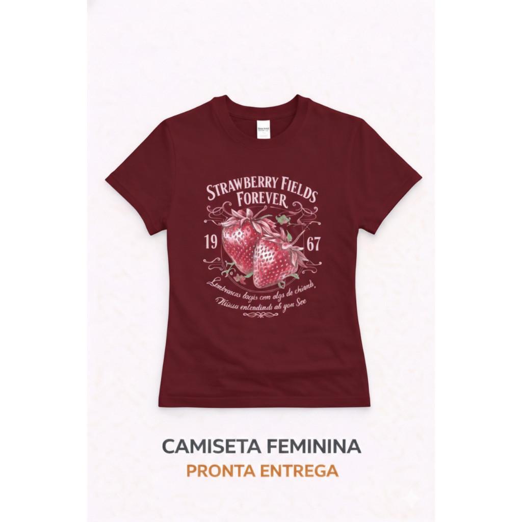 Camiseta Feminina T-Shirt Blusa 100%Algodão Estampa Strawberry Morangos Confortável Toque Macio Casual Envio Imediato