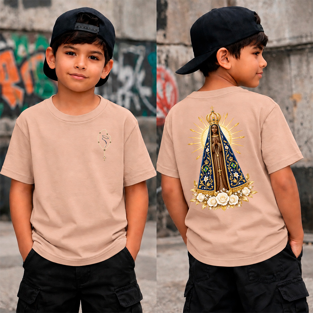 Camiseta Infantil Bege Nossa Senhora Aparecida Padroeira do Brasil Algodão Estampa Religiosa Frente e Costas