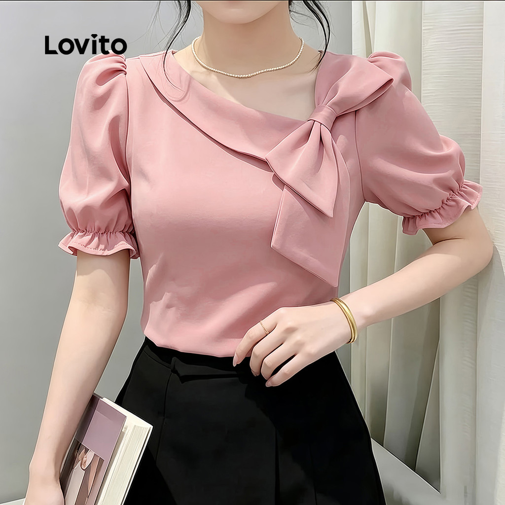 (New Arrival) Lovito Blusa Rosa Feminina De Manga Curta Gola assimétrica E Linhas Estruturais Trabalho primavera/verão BLK10P1D1123 — imagem 2 de 2
