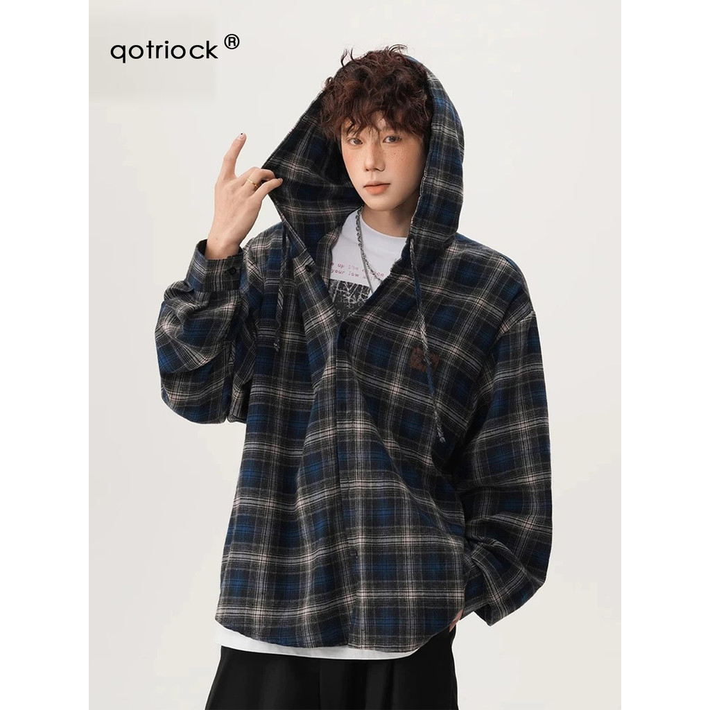Americano Retro contraste cor xadrez camisa das mulheres dos homens outono na moda solto estilo preguiçoso jaqueta com c