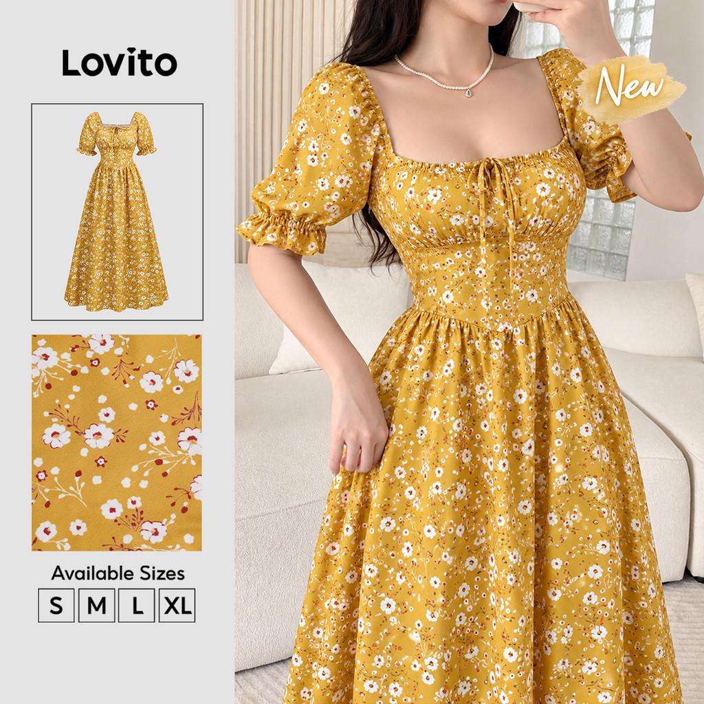 (New Arrival) Lovito Vestido Amarelo Casual Feminino Com Estampa Floral Miúda Amarração Babados Longo E Evasê Para Primavera/verão Férias E Fins De Semana DRB40BR336