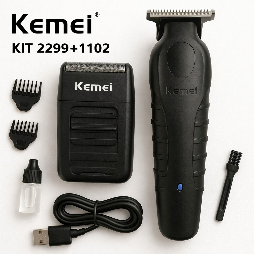 Kit Kemei 2299+1102 Máquina Corte Aparador Barba Recarregável Profissional Cabelo Usb