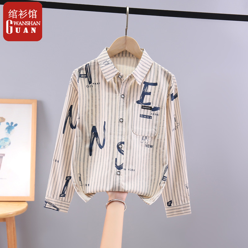2026 meninos de manga comprida primavera camisa de algodão puro camisa listrada crianças meninos médio grande crianças t