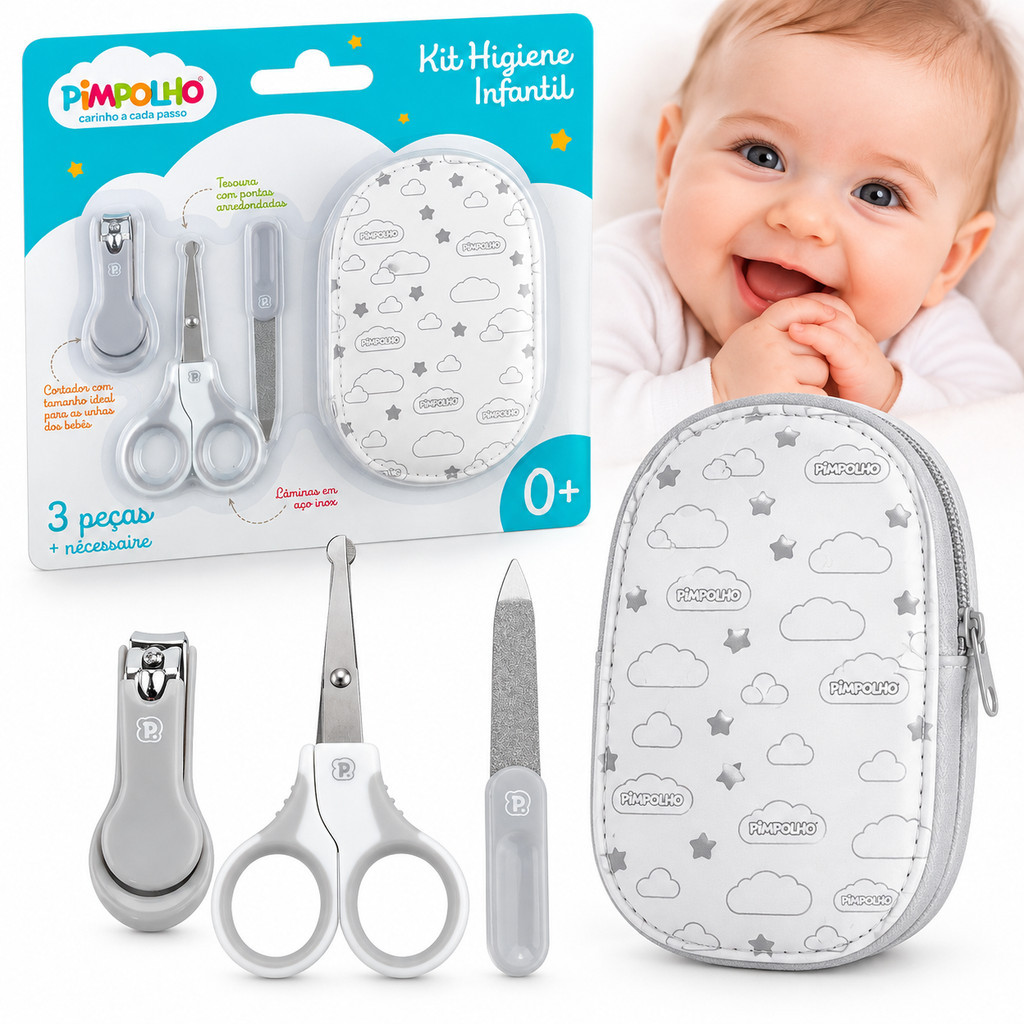 Kit Higiene Unhas Bebê 3 Peças com Necessaire Cinza Pimpolho