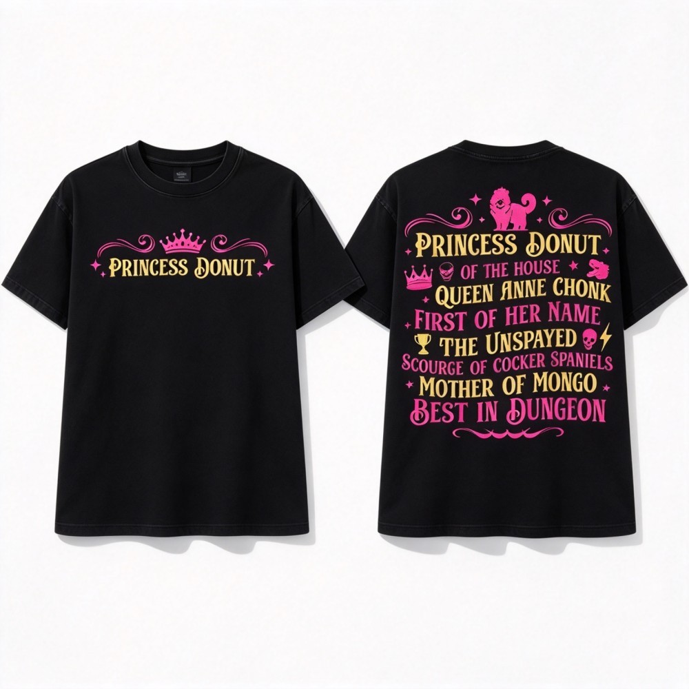 Camiseta Unissex Premium De Algodão Estampa Divertida Princess Donut Cor Preta, Confortável Para Uso Casual E Passeios