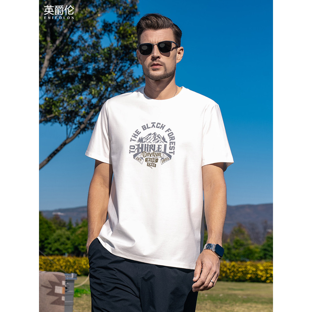 Britânico 210G pesado algodão de fibra comprida camiseta de manga curta masculina montanha americana impressa meia manga