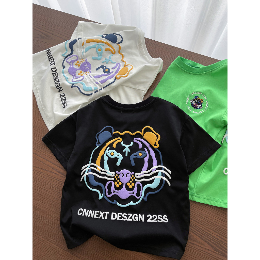 Grandes ofertas bordado + espuma ~ meninos dos desenhos animados puro algodão manga curta camiseta médio grande crianças