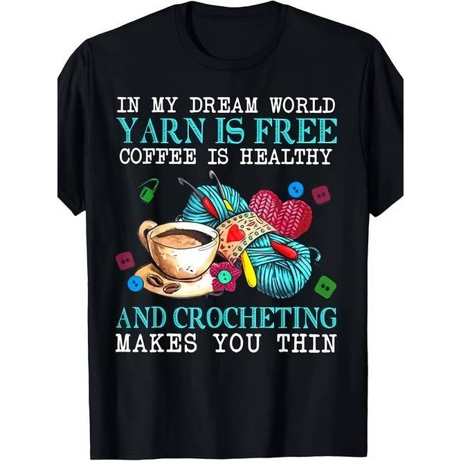 Camiseta Manga Curta Estampada Divertida Confortável Estilosa Linda Tema Crochê Café para Uso Casual Moda Tendência