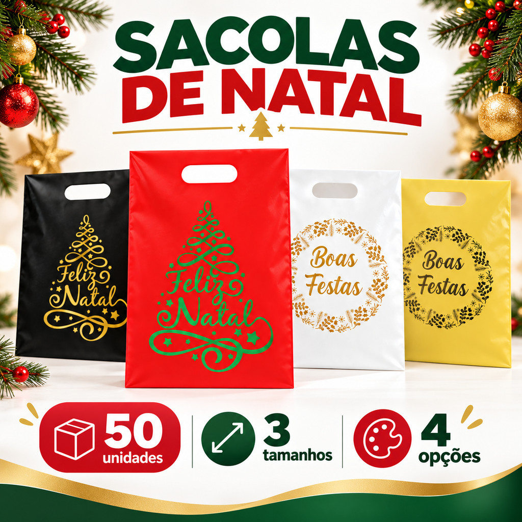 Sacolas Boas Festas para Natal e Ano Novo 50 Unidades | Sacola  Alça Vazada para Lojas Boutiques e  Presentes