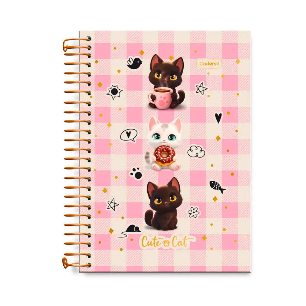 Caderno Colegial 10 Matérias 160 Folhas Cute Cat - CADERSIL Capa:Rosa