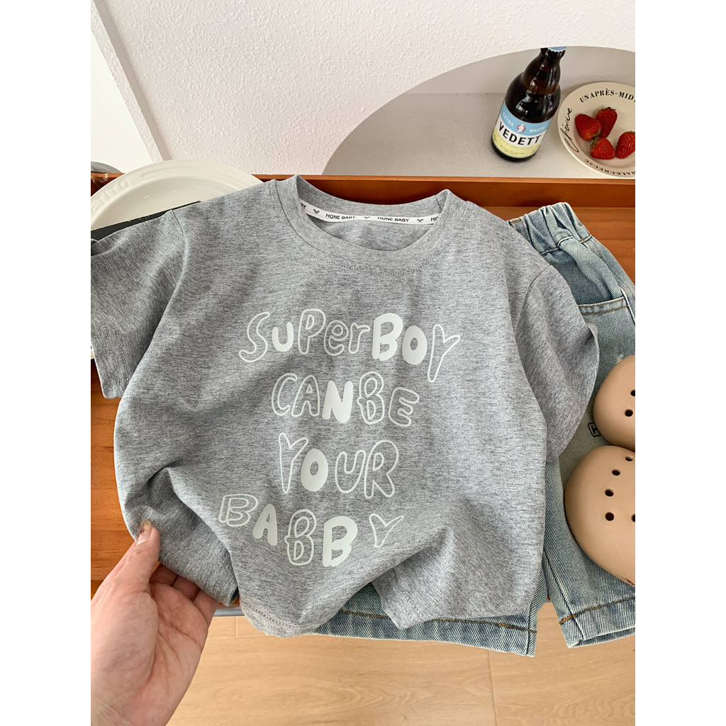 Meninos verão puro algodão de manga curta camiseta 2026 novo estilo crianças carta em torno do pescoço meia manga bebê f
