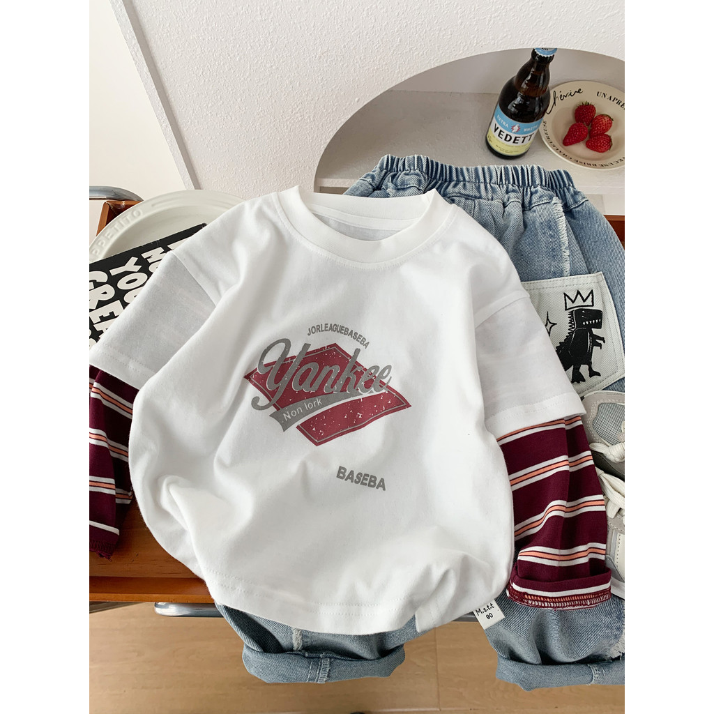 2026 novo estilo menino primavera outono puro algodão manga comprida camiseta crianças versão coreana branco solto camis