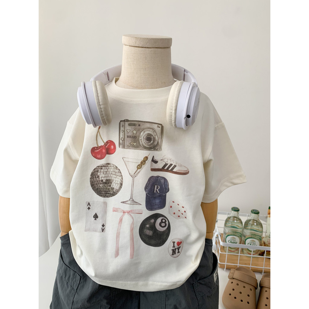 Crianças verão camiseta de manga curta 2026 novo estilo dos desenhos animados impresso em torno do pescoço dos desenhos 