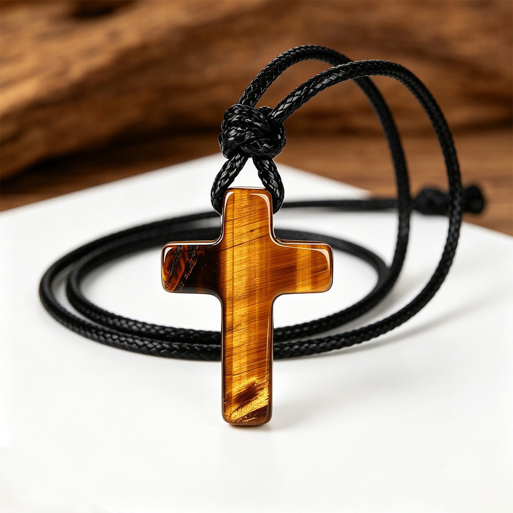2026 novo estilo colar colar cruz pingente colar longo Natural amarelo tigre olho pedra colar20261004