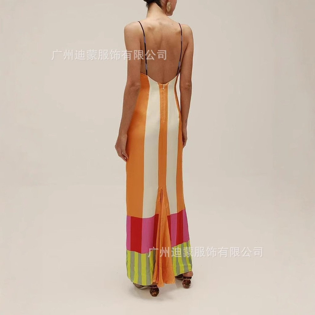 Europeu americano Cross-Border verão novo estilo vestido listrado feminino cor combinando mais magro olhar fenda estilin