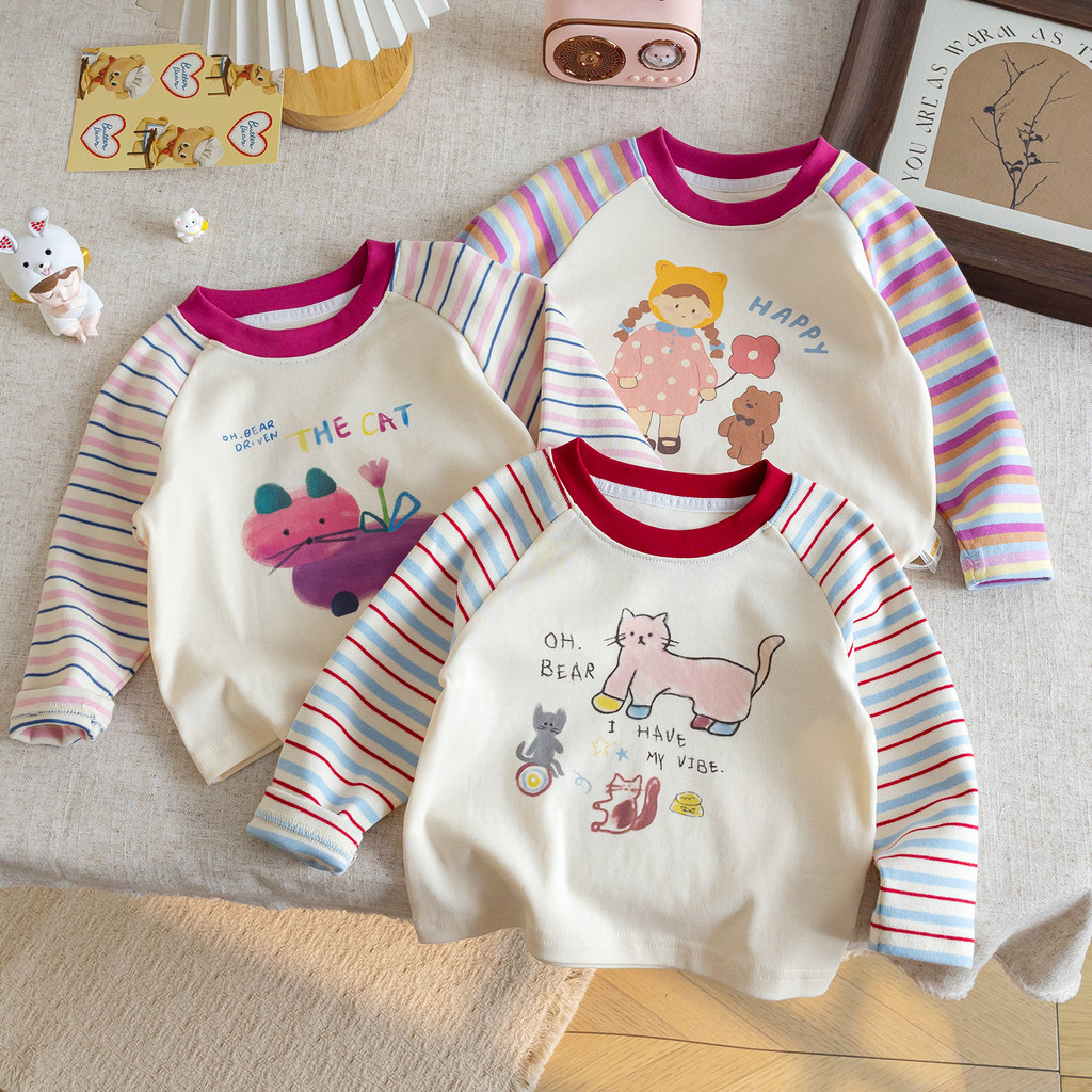 Meninas contraste cor listrado manga comprida camiseta primavera outono estilo 2026 novo estilo crianças moda dos desenh