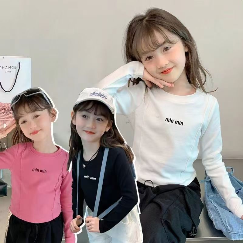Algodão puro meninas estilo ocidental camiseta de manga comprida 2024 primavera outono novo estilo moda All-Match médio 