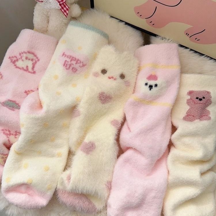 Outono inverno pelúcia bonito menina dos desenhos animados rosa meias femininas engrossado quente casa dormir meias estu