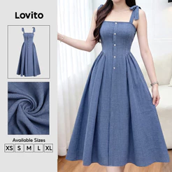 Lovito Vestido Elegante com Laço Frontal e Botões Estilo Resort Primavera/verão Vestido Azulmarinho para mulheres DRB202P2D414