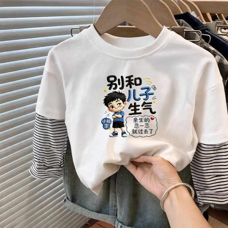 Meninos novo estilo primavera outono roupas de manga comprida falso de duas peças camiseta topos médio pequeno crianças 