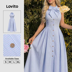 Lovito Vestido Feminino Azul Listrado com Amarração e Botão Frontal Modelo Longo A Primavera Verão Casual Fim de Semana e Traje de Trabalho DRT39BR067