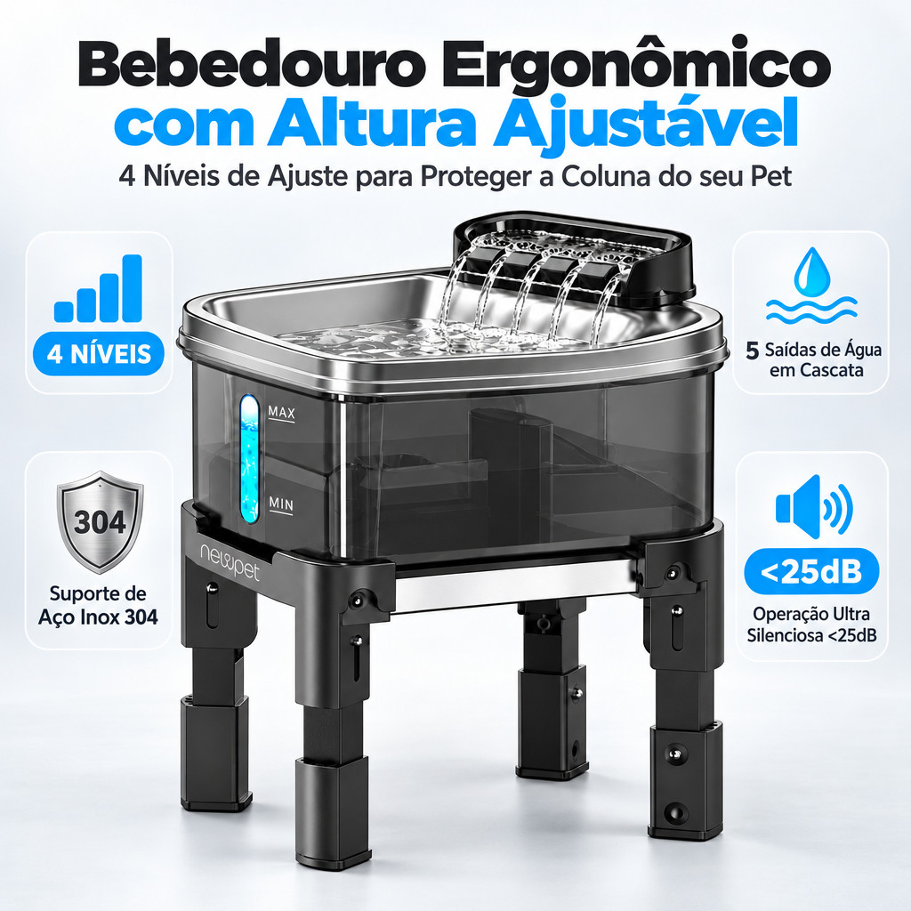 Newpet 9L Bebedouro Fonte de Água Elevado Automático Com Filtro 3 Estágios Para Pet Cachorro Proteger a coluna cervical
